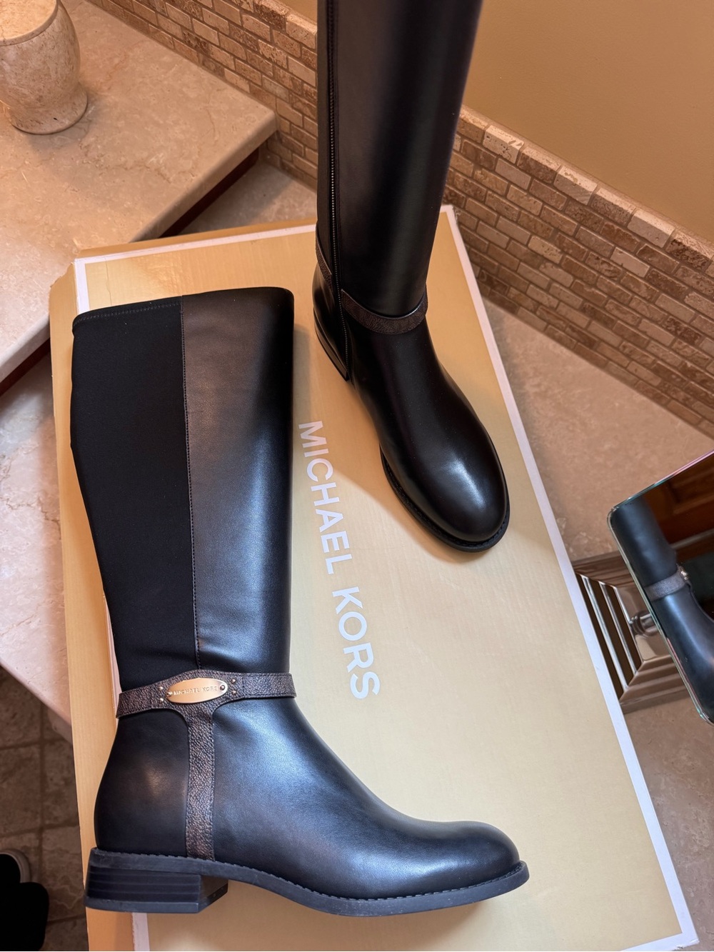 Michael Kors Black Tall Leather Riding Boots with Logo Strap